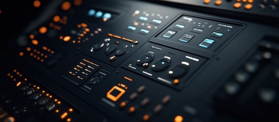 Futuristic control panel with buttons, knobs, and digital displays.