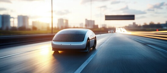 Obraz premium Futuristic silver car driving on highway at sunset.