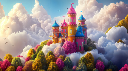 A whimsical castle scene with colorful turrets, fluffy clouds, and vibrant trees, perfect for children's themes and fantasy designs. Whimsical Cloud Castle. Illustration
