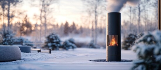 Modern outdoor cylindrical fireplace burning in snowy winter landscape at sunset.