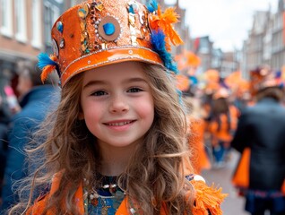 Smiling girl in a vibrant orange costume celebrating King's Day on April 27