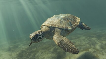 Underwater sea turtle swimming in sunlit ocean.