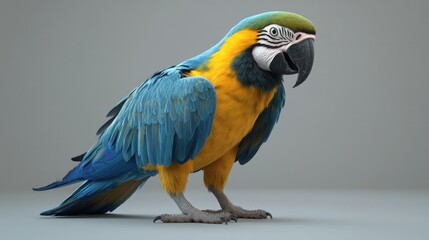 Blue-and-gold macaw bird standing on gray background.