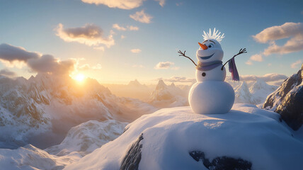 Obraz premium 雪山の頂に君臨するスノーマンが眺める壮大な冬景色