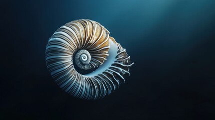 Intricate nautilus shell spiral against a dark blue background.