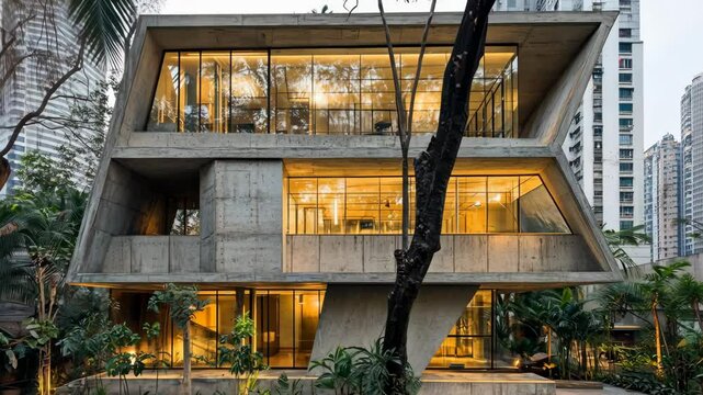 Unique modern architecture with angular design and vibrant greenery in an urban setting during twilight hours