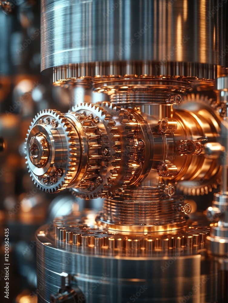 Poster close-up of intricate metallic gears and machinery components in a technological setting.