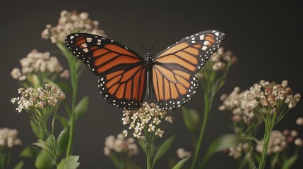 Fototapeta premium Monarch butterfly perched on delicate white flowers against a dark background.