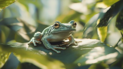 Green tree frog perched on a leaf in lush foliage, sunlight illuminating its skin.