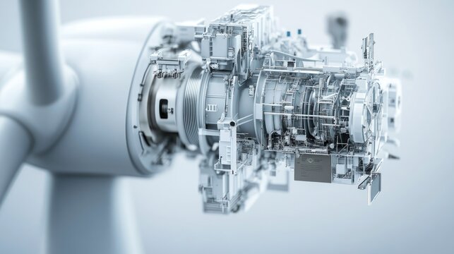 Exploded view of a wind turbine gearbox, showcasing internal components and mechanisms.
