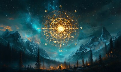 Mystical golden compass glows above a snowy mountain range at night. A lone figure stands by a forest fire.