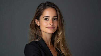 Fototapeta premium Confident young woman with long brown hair in a black blazer against a dark gray background.