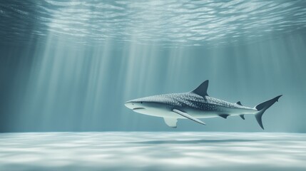 Majestic shark swimming underwater in sunlit ocean.