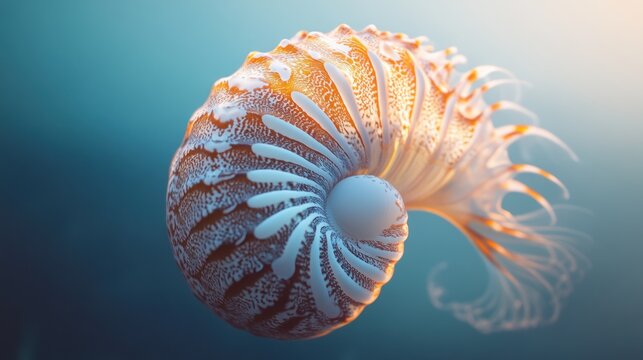Close-up of a luminous nautilus shell spiraling in ocean water.