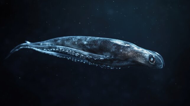 A deep-sea creature, possibly a squid or similar cephalopod, swims in dark, bioluminescent water.