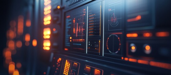 Obraz premium Futuristic control panel with glowing orange and blue displays showing data graphs and digital readouts.