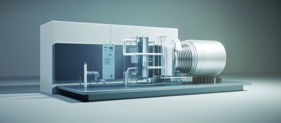 Industrial machinery system with compressor, pipes, and control panel.