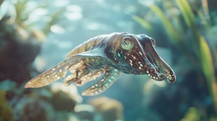 Close-up of a cuttlefish swimming underwater, showcasing its intricate skin patterns and large eyes.