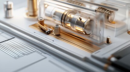 Close-up of intricate gold and white mechanism in transparent casing on technical blueprint.