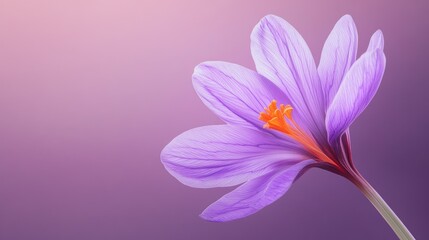 Close-up of a single purple crocus flower with orange stigma against a soft purple background.