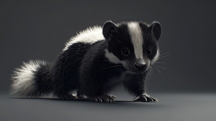 Obraz premium Adorable baby skunk with black and white fur, sitting on a dark gray background.
