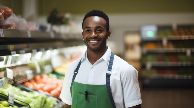 Grocery Store Clerk Wearing A Green Apron Smiling