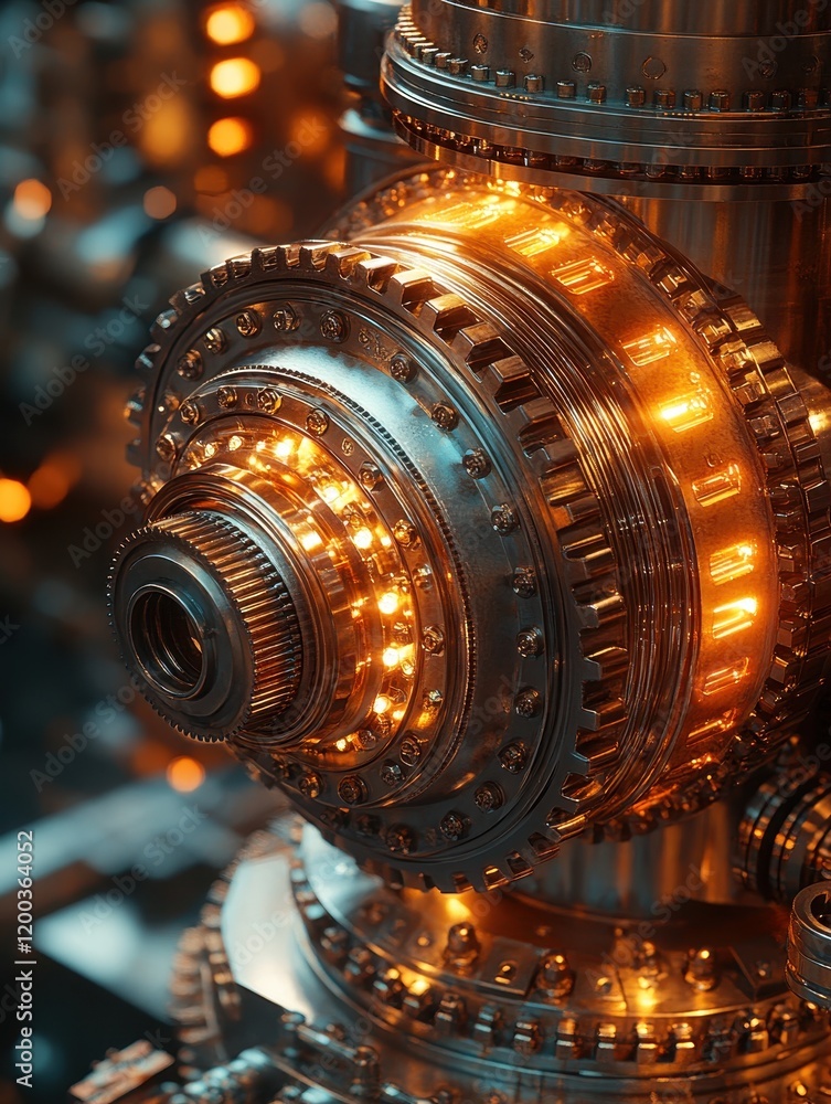 Poster close-up of a metallic component with glowing lights, showcasing intricate design.