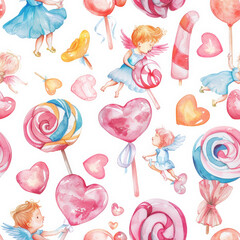 Seamless Charming cupids dancing with colorful lollipops and heart shaped candies