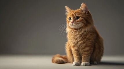 Obraz premium Fluffy ginger cat sitting on gray background, looking away.