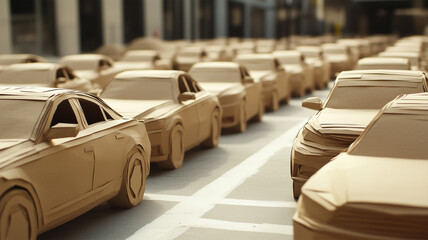 Fototapeta premium クラフト紙で再現された車が並ぶ駐車場のユニークなアート展示