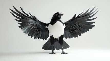 Obraz premium Magpie with wings outstretched on white background.