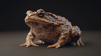 Naklejka premium Close-up of a brown toad on a dark background, showcasing its textured skin and intense gaze.