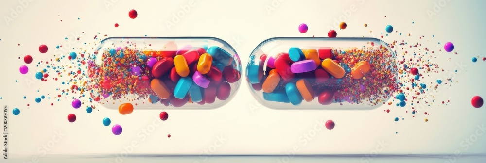 Poster brightly colored particles spill out from a split capsule in a dynamic display of textures and shape