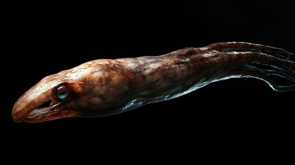 Fototapeta premium Deep sea creature, pale, elongated body, visible eye, eight tentacles, dark background.