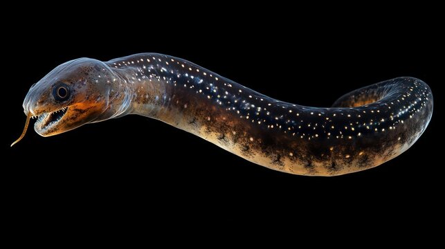 Close-up of a lamprey, a jawless fish with a round mouth and a long, slender body, isolated on a black background.