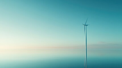 Obraz premium Single wind turbine reflected in calm water at sunrise.