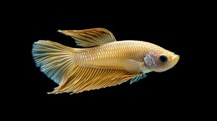 Fototapeta premium A single, golden betta fish with long, flowing fins, isolated on a black background.