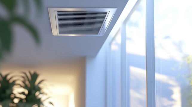 Modern ceiling air vent near large window in bright room.