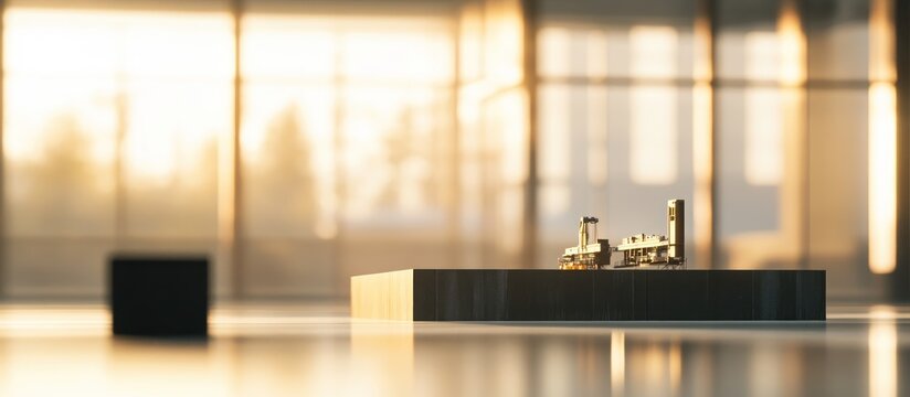 Miniature train on a platform in a sunlit room.