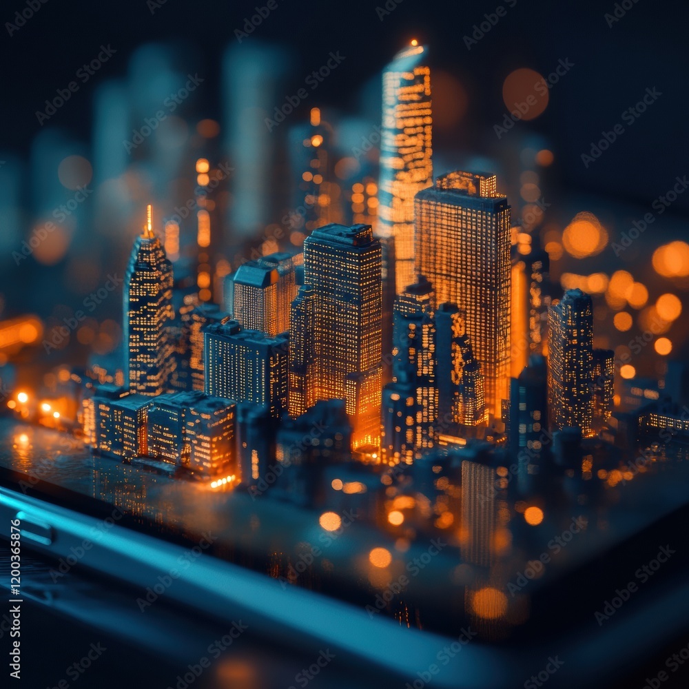Poster tiny cityscape emerges from glowing smartphone screen, showcasing digital innovation in miniature ar