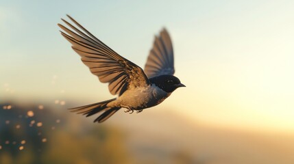 Fototapeta premium A small bird in flight at sunset, wings spread wide.