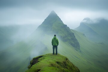 Fototapeta premium Solitary figure in green jacket on misty mountain peak with dramatic scenery