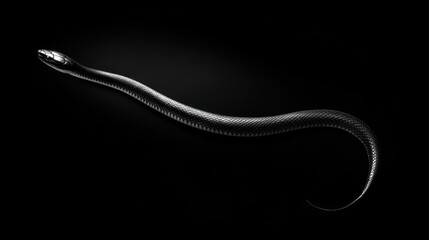 Obraz premium Black snake elegantly curved on a black background, studio shot.