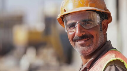 Fototapeta premium Middle Eastern construction worker smiling in safety gear at a busy construction site on a sunny day