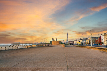 Blackpool promenade at beautiful sunset. England 