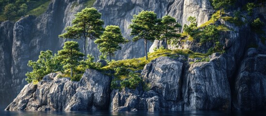 Lush green trees atop rocky cliff beside calm water.