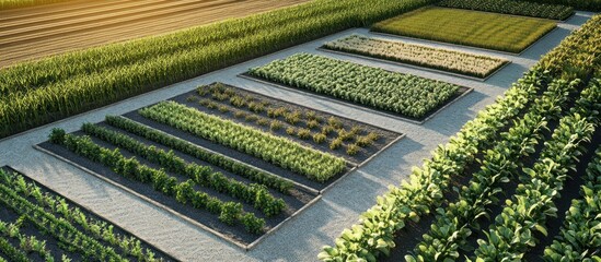 Aerial view of diverse crops in a meticulously organized agricultural field, showcasing rows of various plants under sunlight.