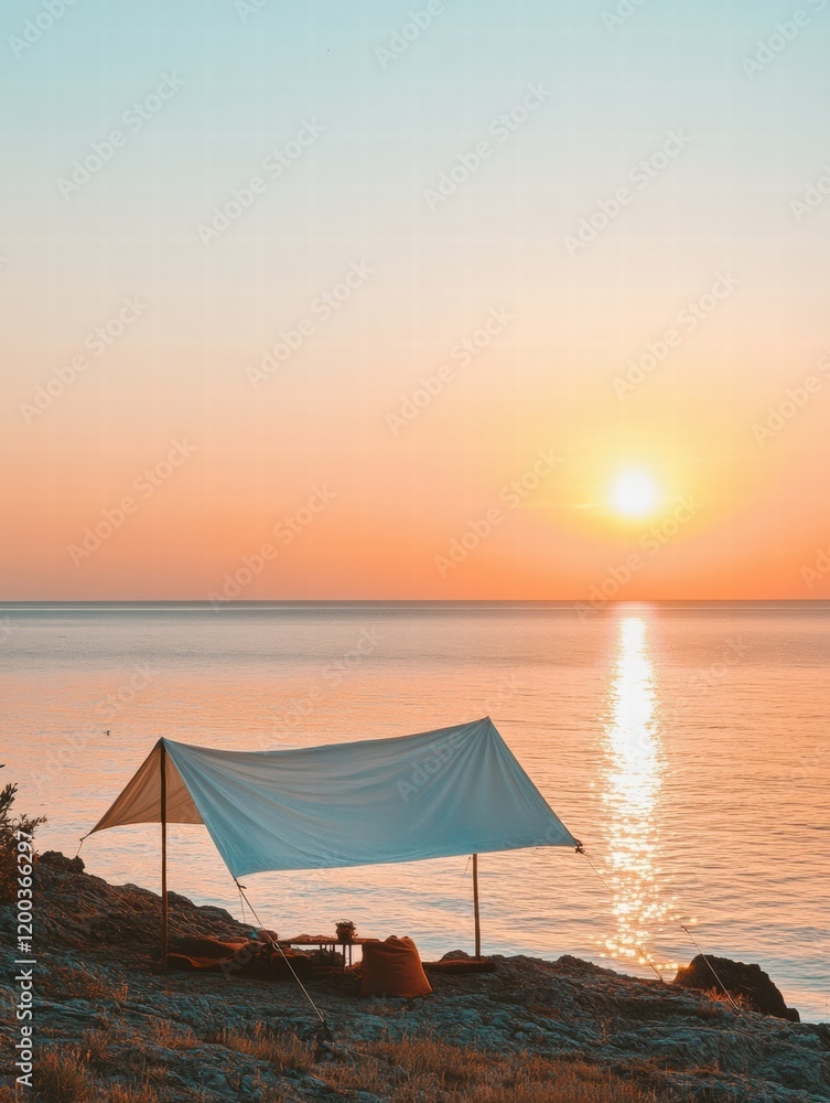 Poster sunset over calm waters with a cozy tent set up on the rocky shore during a serene evening. generati