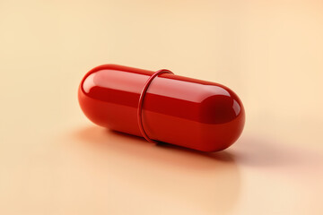 A single, large, glossy red capsule with a distinct seam in the middle, resting on a light peach-colored background.