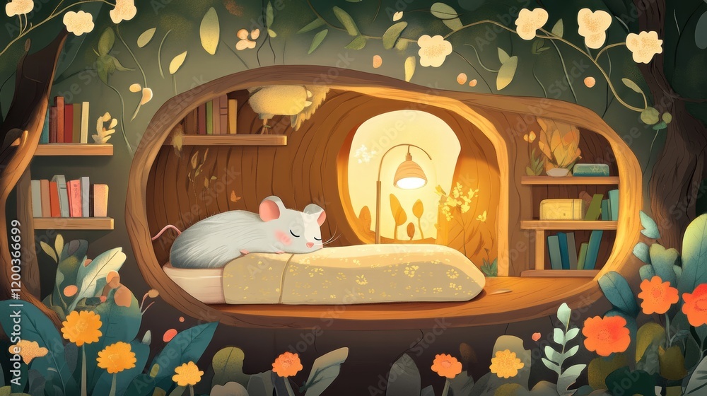 Poster cozy mouse resting peacefully in a whimsical tree hollow surrounded by flowers and warm light. gener